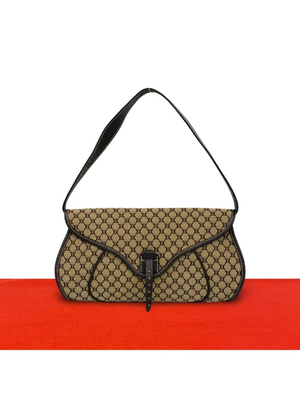 Celine Vintage Macadam Blason Pattern Canvas Leather Semi Bag Brown